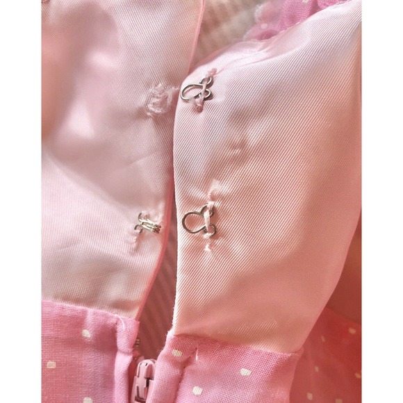 Vintage 70s Maxi Dress Pink Swiss Dot Ruffle Pom Trim Puff Sleeve ILGWU Size 7/8 - Picture 10 of 13